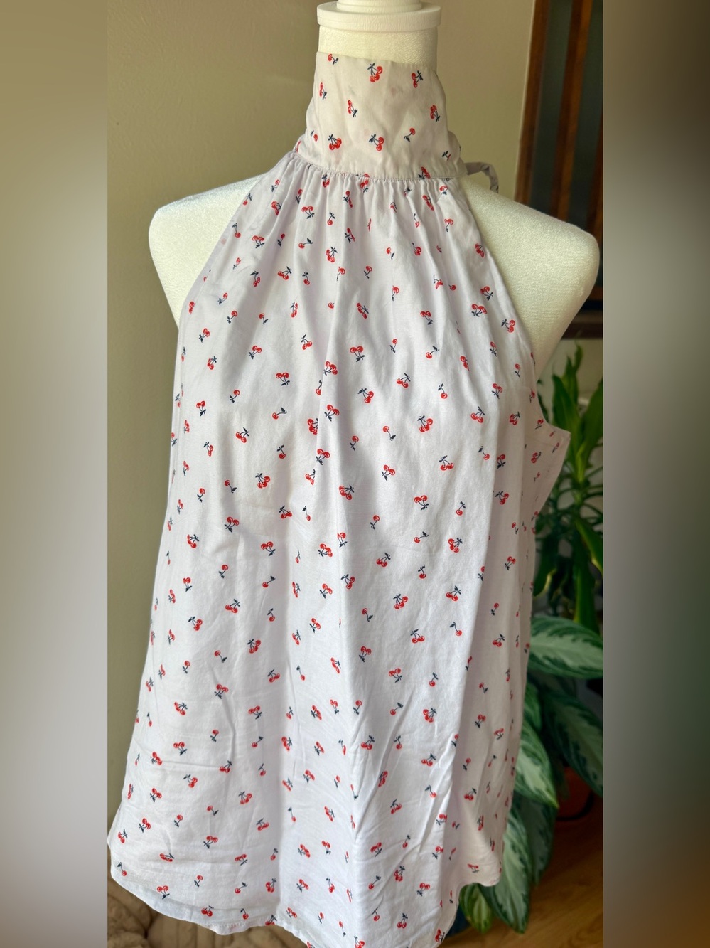 J. Crew White Halter Tank with Red Cherry Print